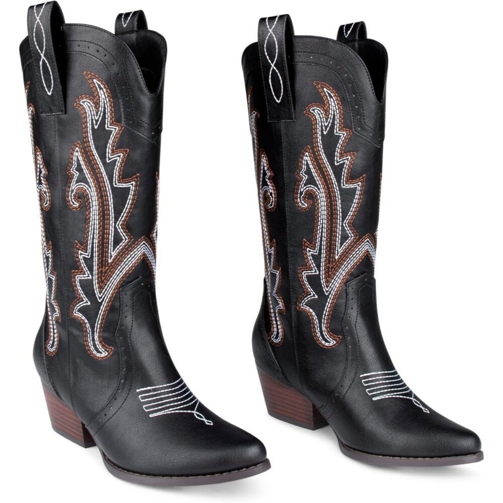 ⚡Women Black Synthetic Mid-calf Cowboy Pointy Toe Chunky Heels Western Boots